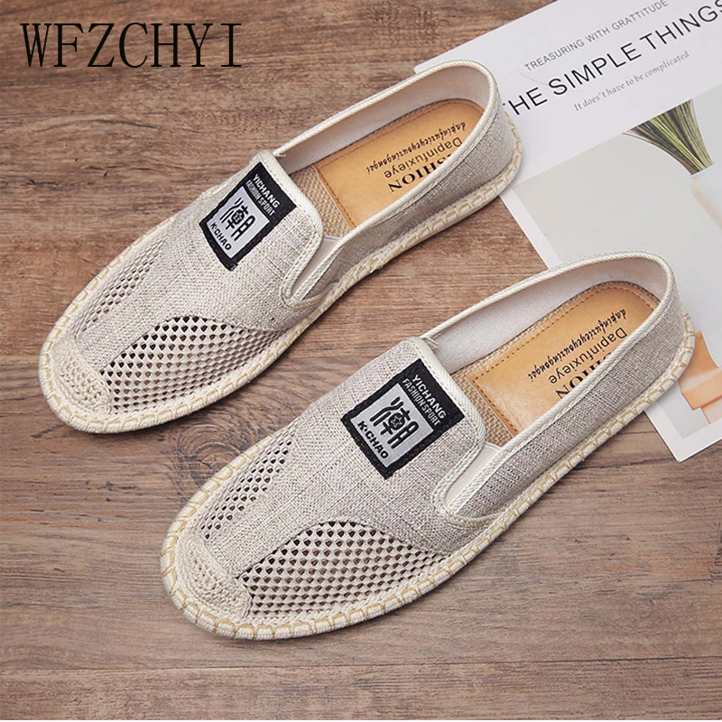 men breathable flat shoes espadrilles linen woven sleeves casual canvas shoes classic driving straw mesh lazy shoes sneakers