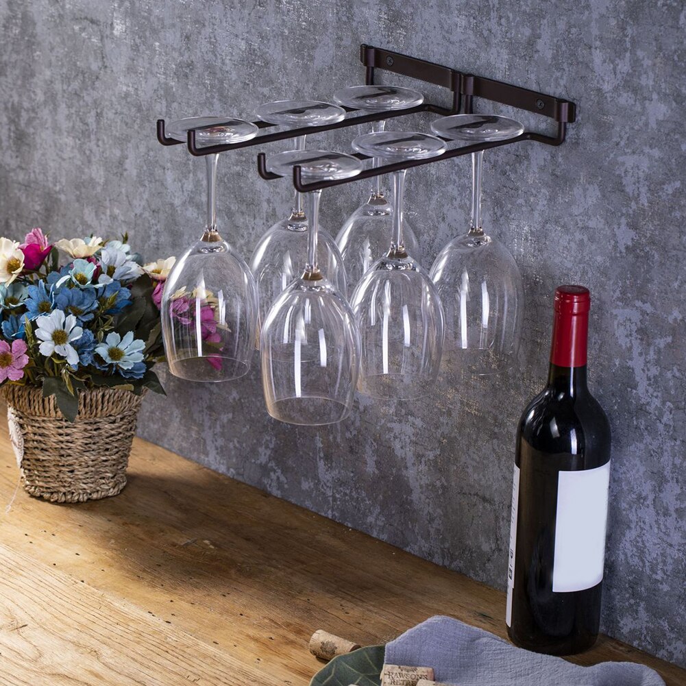 Wall Mount Hanger Supplies Hanging Stemware Under Cabinet Home Kitchen Holder Shelf Bar Wine Rack Double Row Useful Metal