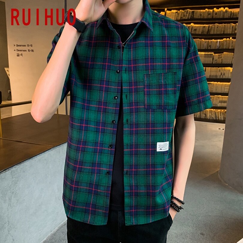 Ruihuo röd svart rutig kortärmad skjorta herr stor storlek hawaiisk kortärmad skjorta man sommarkläder m -4xl: Mörkgrön pläd / Xxl