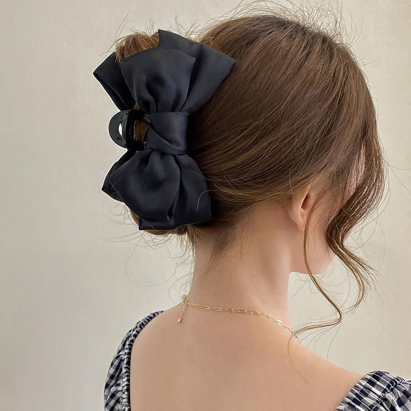 Lazos coreanos grandes de doble cara de gasa satinada sólida, pinzas para el pelo de plástico, pinzas para cangrejo, accesorios negros para mujeres y niñas, verano