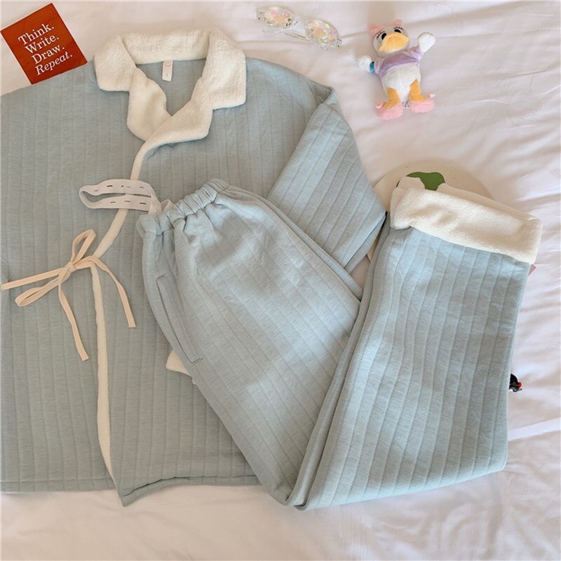 Ropa de maternidad, traje de tirantes, Top de lactancia, ropa de dormir cálida, pantalones ajustables de cintura interna, pijamas de algodón posparto: Blue / L