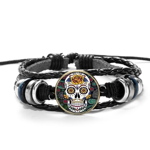 SIAN Sugar Skull Mexico Folk Art Patterns Bracelet Multilayer Braided PU Leather Bracelet Men Women Day of The Dead Special: Style 7