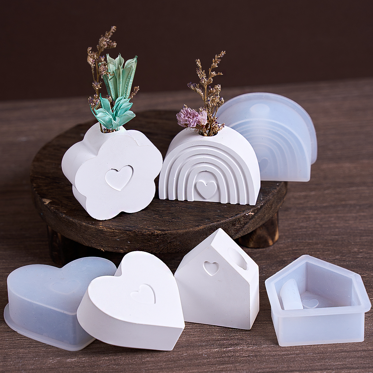 Jarrón de inserción, adorno de yeso, molde de silicona DIY, casa pequeña, corazón de arcoíris, flor, macetas, molde para manualidades de yeso, decoración del hogar