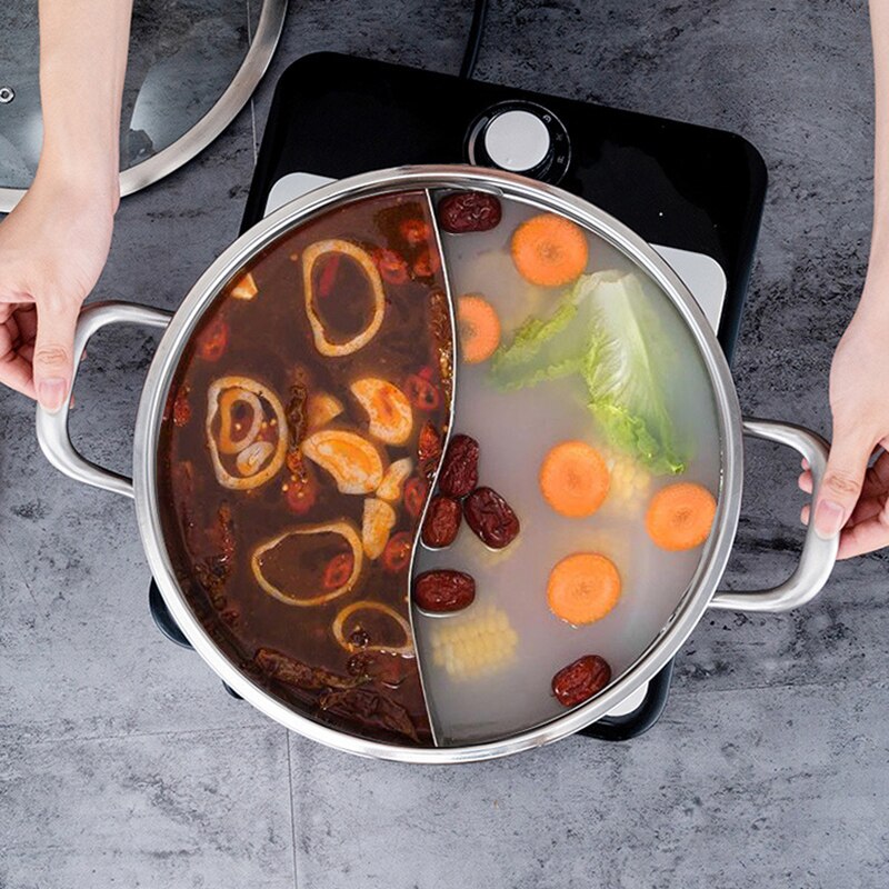 Home Kitchen Cookware Soup Cooking Pot Twin Divided Stainless Steel Pot Hotpot Induction Cooker Gas Stove Compatible Pot