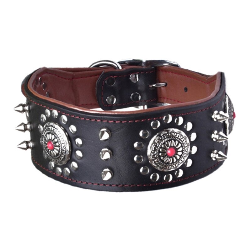 Adjustable Stylish Leather Dog Collar Studded Soft Padded Inside Brown Leather Y5GB