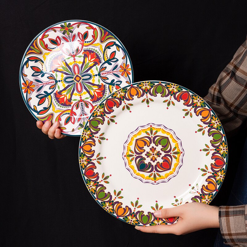 Ceramic Retro Dinnerware Bohemia Dinner Set 11inch Large Dessert Steak Plate 380ml Milk Coffee Mug 6inch Salad Bowl