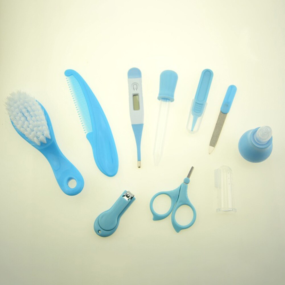 10 stk / sæt baby børn negle hår sundhedspleje termometer næse renere tandbørste sikkerhedsværktøjer nyfødte pleje børste kit babypleje: Blå