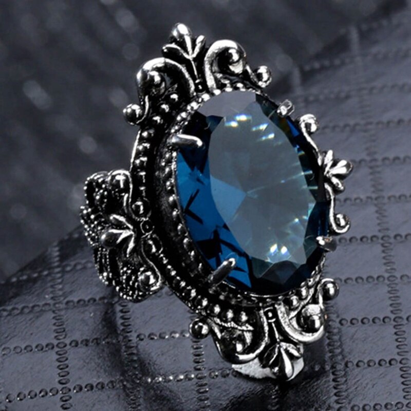 1 Pc Jahrgang Blau Zirkon Schmuck Ringe retro Punk Stil Feine Gans Ei Schmuck Blume Carving Blau Großen Oval Geschnitten peridot
