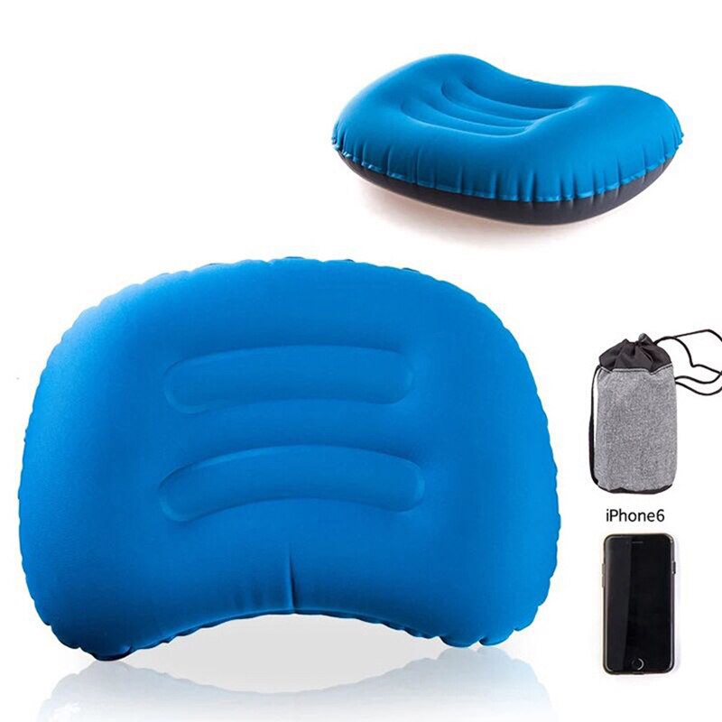 Ultralet campingpude, en ergonomisk oppustelig pude, der understøtter rejsepuder ved nakke og talje. transportabel