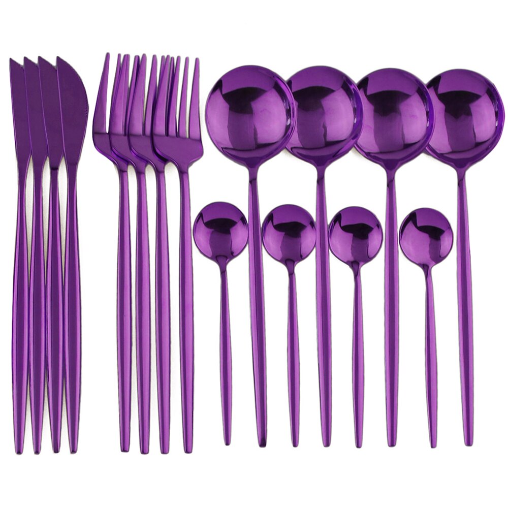 16pcs Luxury Cutlery Set Rainbow Dinnerware Set Stainless Steel Tableware Fork Knife Spoon Dinner Set Silverware With Box: Black Box / 16Pcs Purple