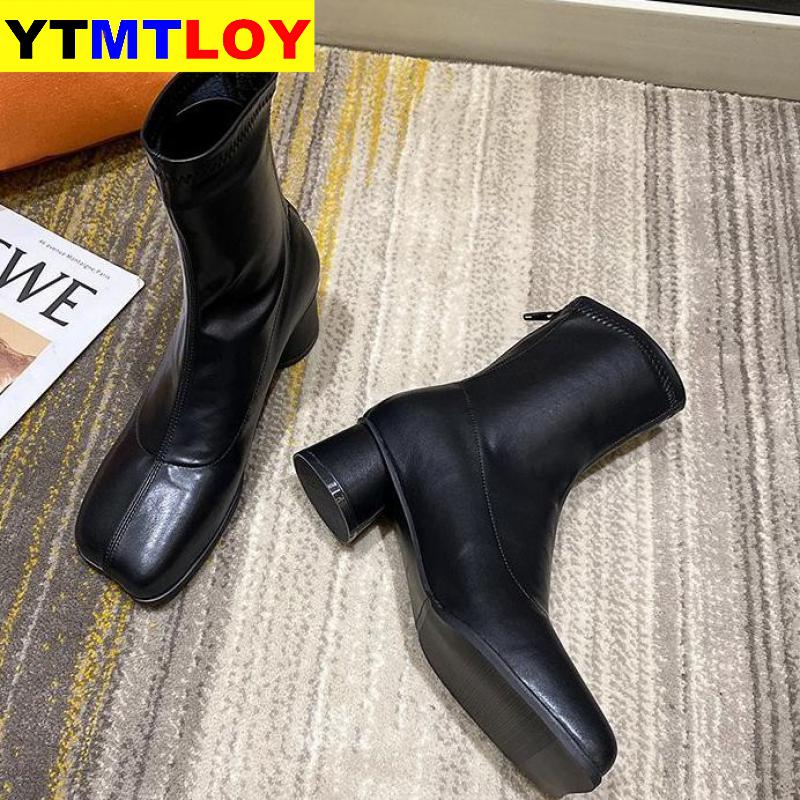Buty damskie buty wysokie obcasy modne botki blokowe obcasy lakierowane skórzane buty damskie Zip kwadratowe buty z palcami kwadratowy obcas