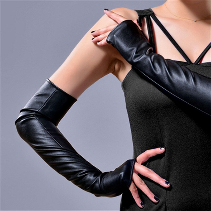 Winter Women's PU Fingerless Gloves Long Thermal Gloves Semi finger Raglan Arm Warmers 40cm/46cm AD0603