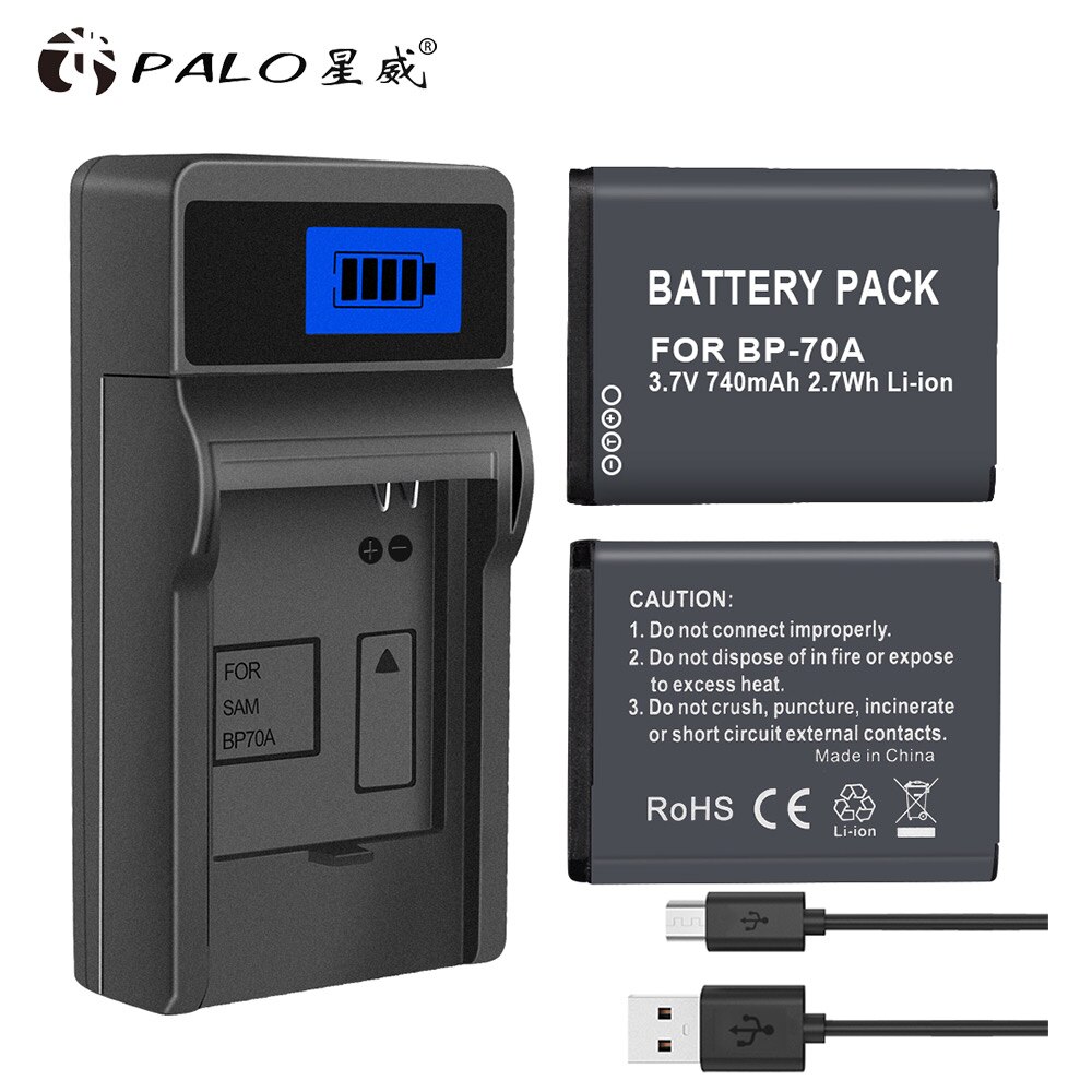 BP-70A BP 70A BP70A rechargeable camera battery 740mAh for Samsung ES65 ES70 TL105 TL110 PL100 Camera SLB-70A battery: 2pcs and charger