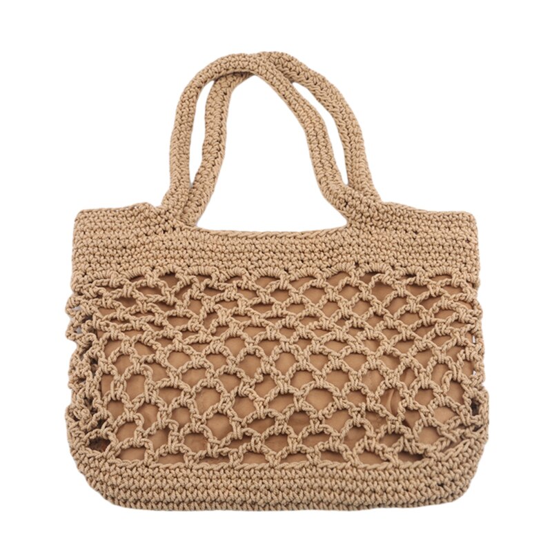 Handgefertigte quadratische tragetasche aus baumwollseil und stroh mit reißverschluss für damen, ideal für reisen und strand, gewebt, mit henkel, lässige strandtasche aus netzgewebe, hohl: Braun