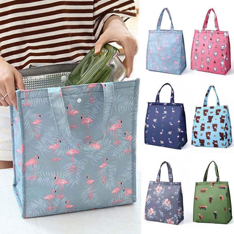 Bolsa térmica de lona con aislamiento térmico Unisex, bolso de almacenamiento de alimentos portátil con estampado Floral de dibujos animados, Oxford