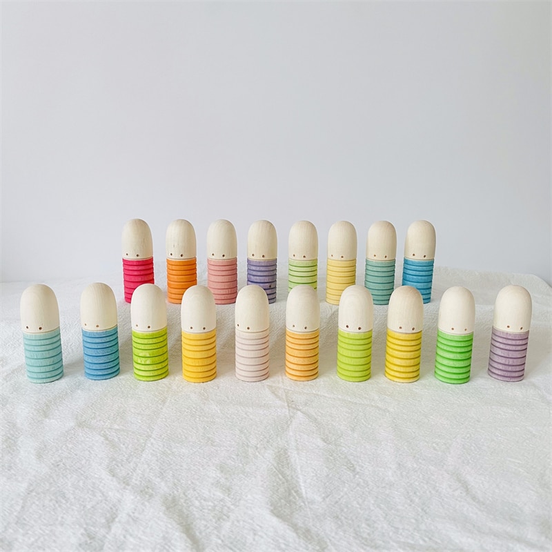 Regenbogen Peg Puppen Set Baby Holz Abbildung Blöcke Konstruktor Kinder Montessori Pädagogisches Spielzeug Open Ended Spielen Spielzeug für Kinder