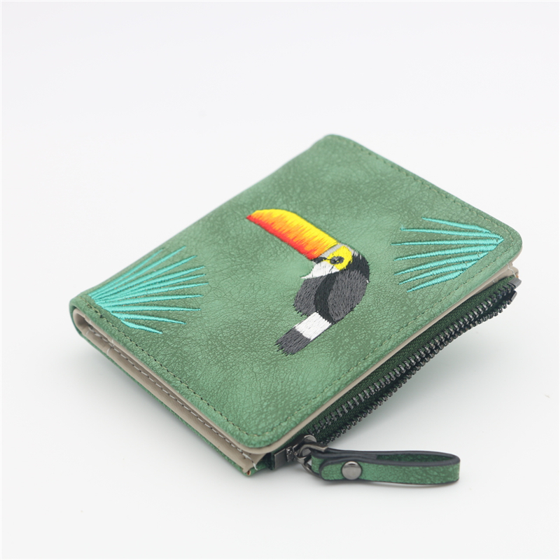 Wallet Women Bird Embroidery Portefeuille Femme Zipper Hasp Short Purse Leather Card Holder Green Blue Pink Black Women Wallets
