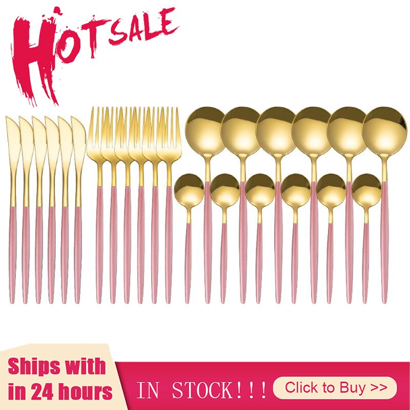 Roze Goud Bestek Set Rvs Servies Set 24Pcs Messen Vorken Koffie Lepels Bestek Set Keuken Diner Servies Set