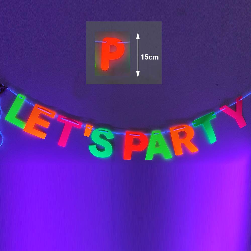 Decorações de bolo de festa de néon brilhante, banner de feliz aniversário, topper de bolo que brilha no uv, luz preta, suprimentos de festa reativos, aniversário de néon: Transparente