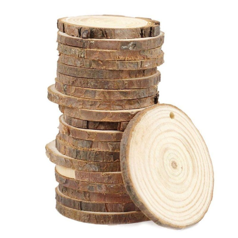 5pcs Unfinished Natural Round Wood Slices Circles With Tree Bark Log Discs T5EC