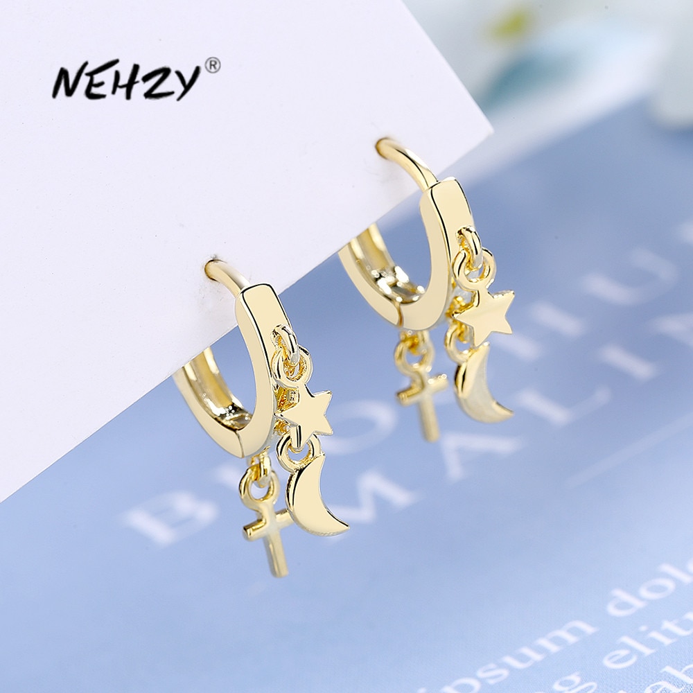 Nehzy 925 Sterling Zilveren Vrouw Mode Sieraden Eenvoudige Star Moon Cross Gouden Zilveren Oorbellen