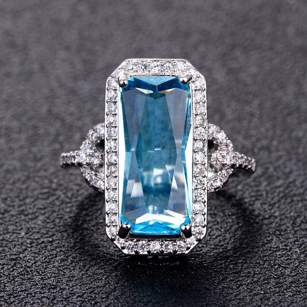Silber Schmuck Ringe Für Frauen Rechteck Saphir Ring Mit Klaren Zirkon Steine 4,5g Täglichen leben Dekoration Zubehör