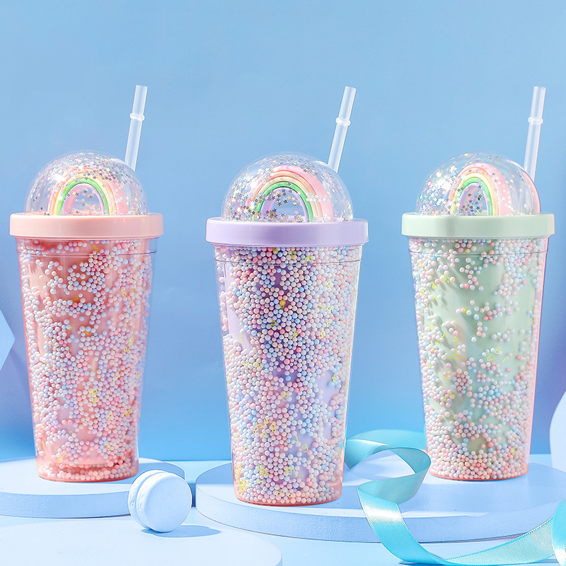 550ml Kawaii Cute Drinkware Rainbow Foam Straw Cup Girl Home Office Water Bottle Plastic Double Layer With Straw Girl