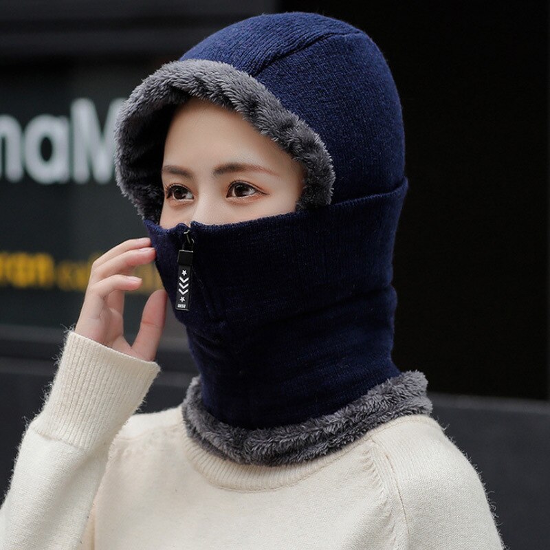 Double-Use Women Warm Knitted Hat Scarf Hooded Collar Elastic Winter All-Match Adult Teen Thick Soft Neck Warmer Female Caps: zipper navy
