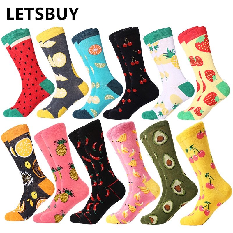 MYORED 12 par/lote calcetines informales para hombre a cuadros coloridos dibujos animados de frutas animales lunares rayas feliz de negocios calcetas de algodón de vestir Hombre