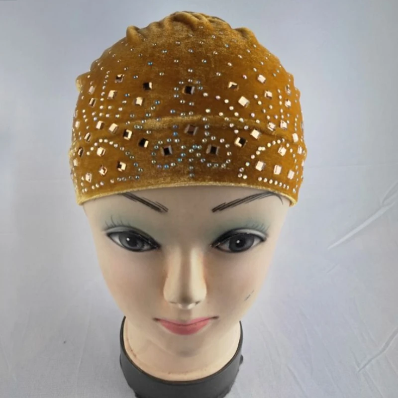 Gorro con diamantes de imitación a la para mujer, tocados de africanos, gorro de terciopelo para el cuidado del cabello, turbante, pañuelo para la cabeza, accesorios para sombrero: YELLOW