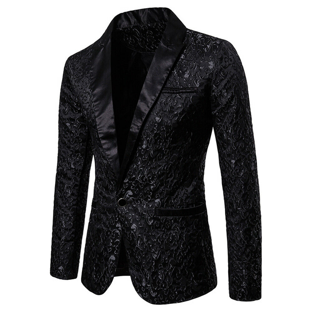 Sammet silver kavaj herr paisley blommiga jackor vinröd gyllene scen kostym jacka bröllop herr kavaj plus storlek s -2xl: Svart / S