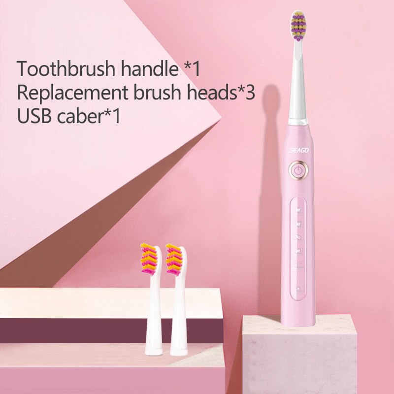 SEAGO Sonic Electric Toothbrush Adults Timer 5 Modes USB Rechargeable Tooth Brush Replacement Brush Head Nozzles Box SG-507: pink
