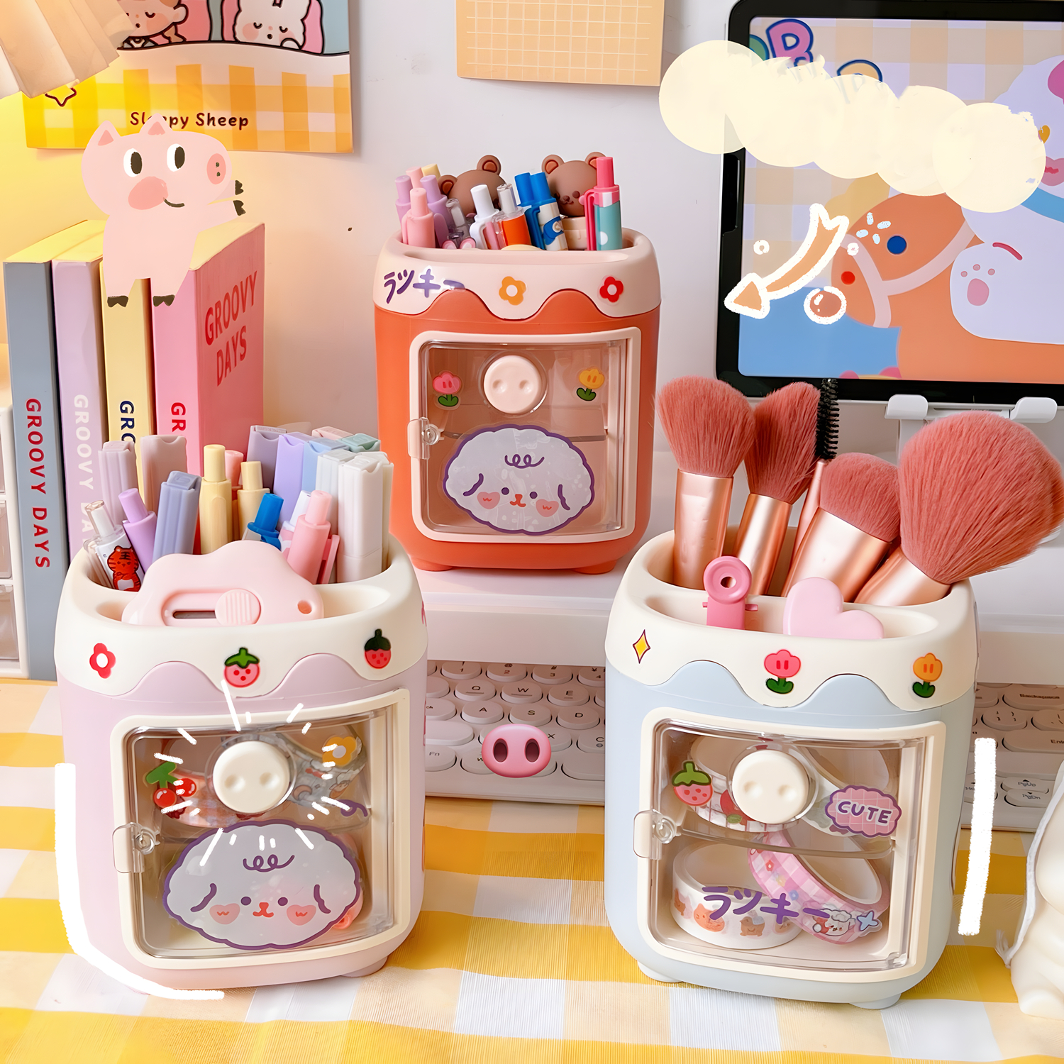 Pen Holder Organizador de Lápis com Gaveta, Cosméticos Maquiagem Brushes Holder para Penteadeira, Pig Nose Cute Pen Holder for Office