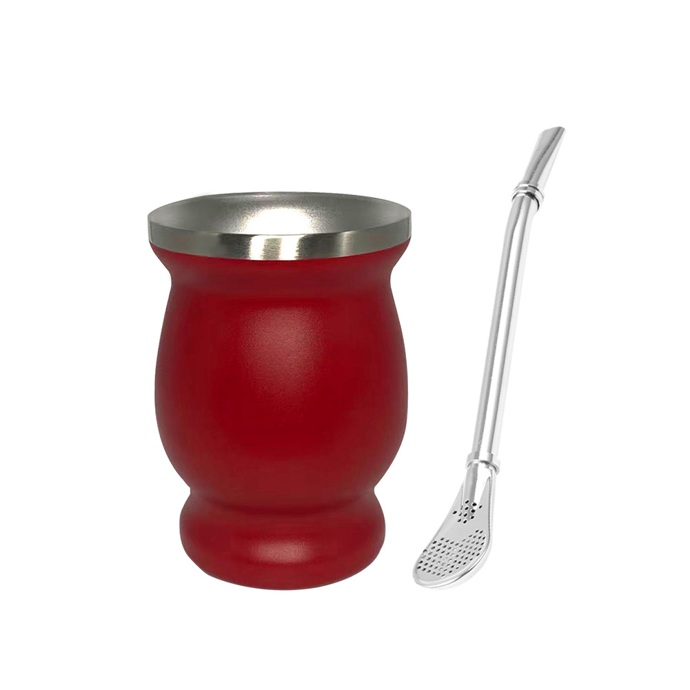 Yerba Mate Cup 304 Stainless Steel Double Wall 8oz Argentine Yerba Mate Gourd With Bombillas Insulation Gourd Tea Cup: Red