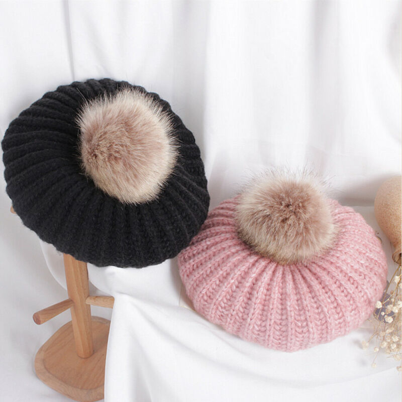Linda gorra de boina de bolas de Pom Unisex bebé invierno Bebé abrigado sombrero de punto Casual gorra de color liso para 2-6T niños niñas niños