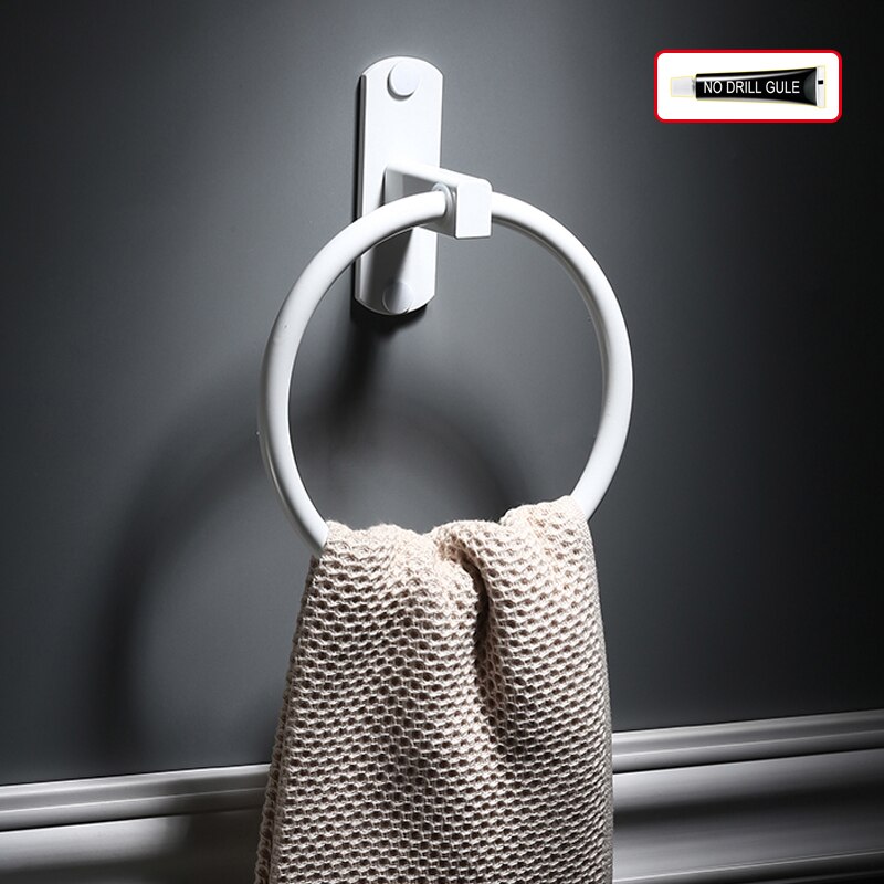 Neglefri sort håndklædeholder håndklæde ring rund vægmonteret hvid håndklædestativ håndklædehylde rustfrit stål badeværelse tilbehør: Hvidlim