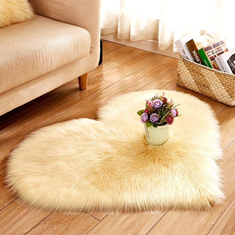 Alfombra peluda de piel de oveja Artificial, felpudo peludo de lana sintética, esponjoso, corazón de amor, alfombra sin pelusa para sala de estar, 30x30/40x50cm: 70X90cm / Lightyellow