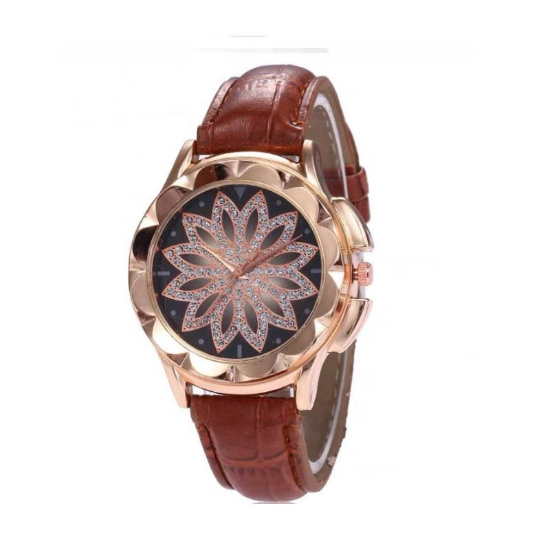 Luxe dames armbandhorloge leren band polshorloge bloem kristal strass quartz horloges casual damesklok: Bruin