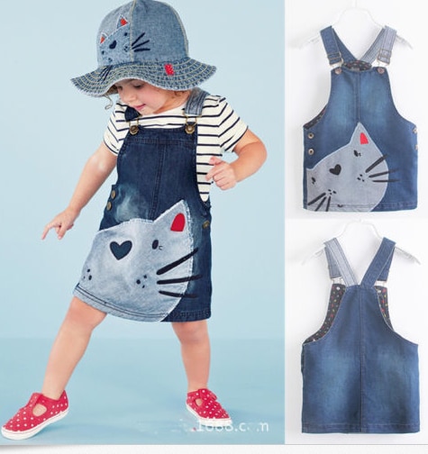 Barn bebis flicka sommar jeansrem overall klänning jumpsuit soldräkt kort kjol kostym katttryck ärmlösa prinsesskläder sundress