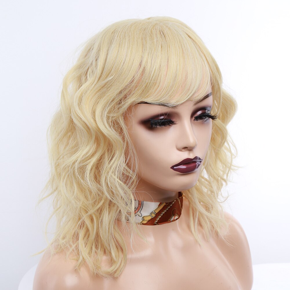 Amir syntetisk blonde krøllete parykker med smell black wave bob parykk for kvinner skulderlangt hår parykker cosplay: #4