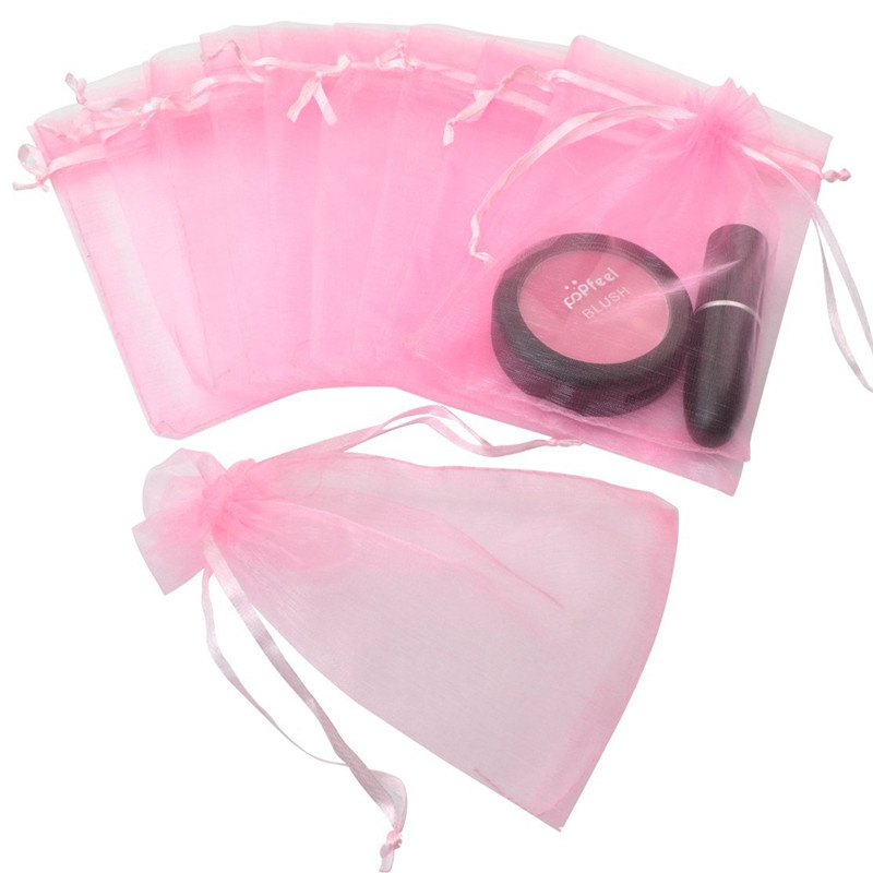 100Pcs Sieraden Tassen Verpakking Drawable Roze Organza Zakjes 7x9 9x12 10x15 13x18 17x23cm Bags Zakje Organza Wedding Decor