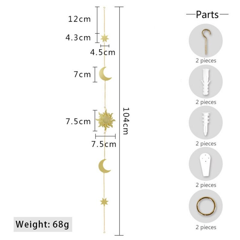 Décoration murale suspendue en forme de lune ou de soleil, pièce ronde en métal, pour salon, pour enfants, avec chaînes
