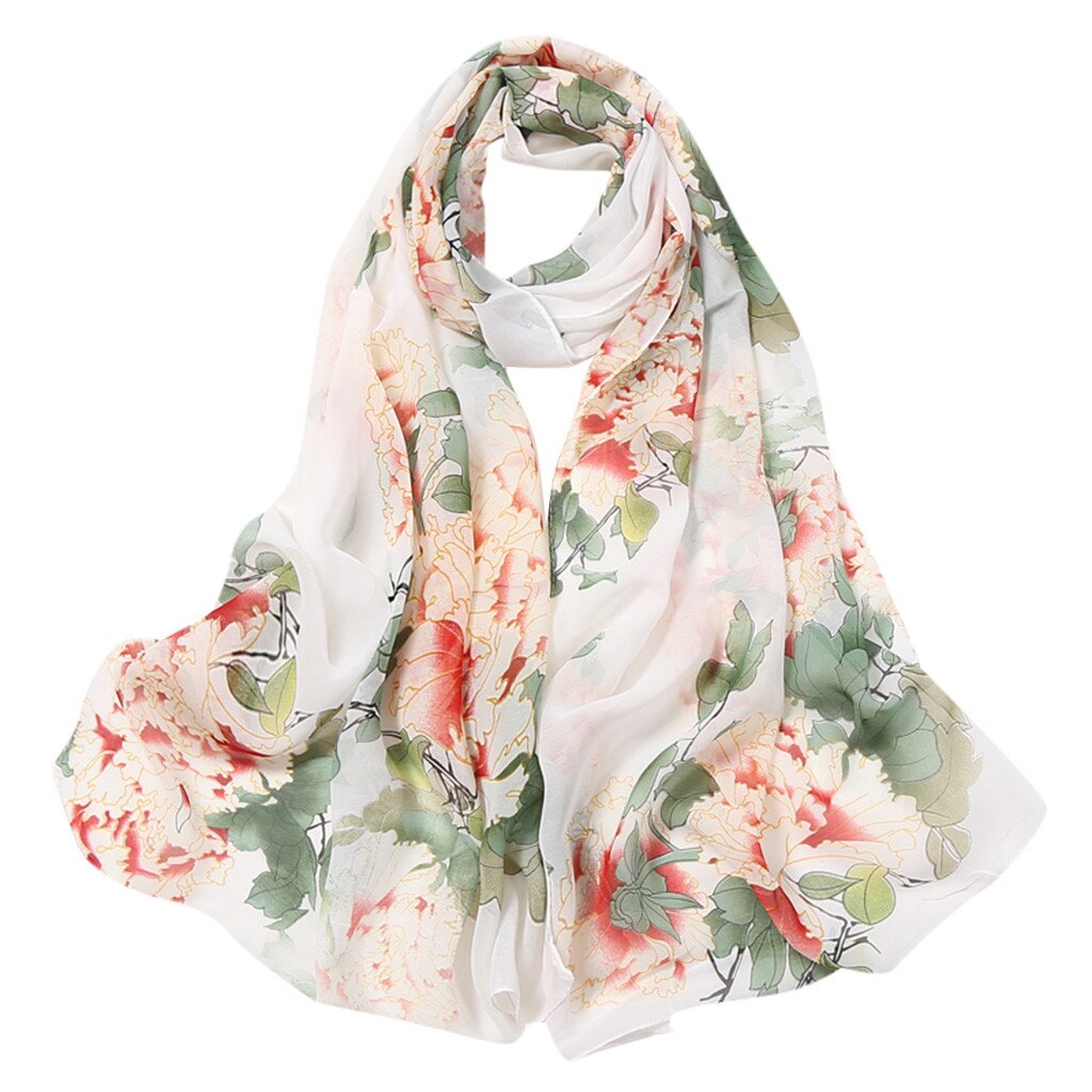 Women Silk Scarf Flower Printing Scarves Long Soft Wrap Simulation Silk Shawl Ladies Beach Scarf Shawl Bandana: White 