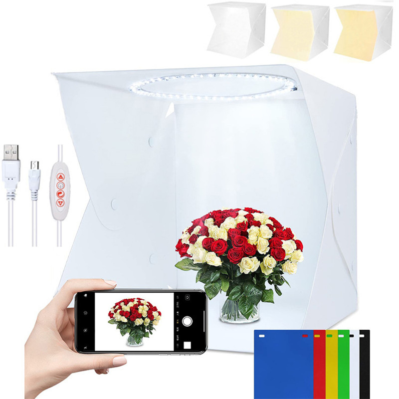 40*32cm Foto Licht Kasten Fotografie Softbox LED Beleuchtung Dimmbar Klapp Foto Studio Schießen Zelt Kasten Bausätze 6 hintergrund