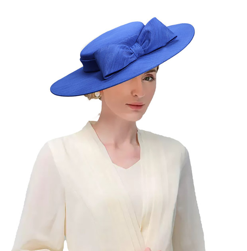 Tocados de ala ancha para iglesia, sombreros para mujer, lazo grande, gorra Formal de Kentucky, sombrero de fieltro plano para de té nupcial y boda: Azul
