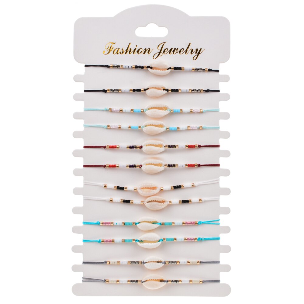 Pulsera de cuerda trenzada con conchas de cristal para mujer, brazalete ajustable hecho a mano con de Calavera, mariposa y mal de ojo, 12 unids/lote: B2600