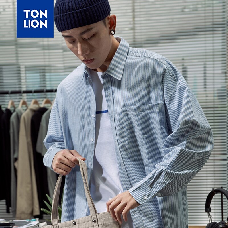 TONLION, camisa a rayas de primavera para hombre, camisas de manga larga de Color claro para hombre, blusa de vestir de estilo japonés Simple a rayas para hombre, novedad de