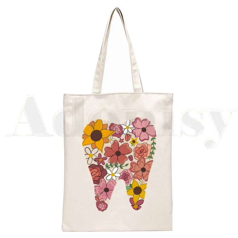 Tooth and Dentist Graphic Aesthetic Funny Handbags Shoulder Bags Casual Shopping Girls Handbag Women Canvas Bag: Ivory