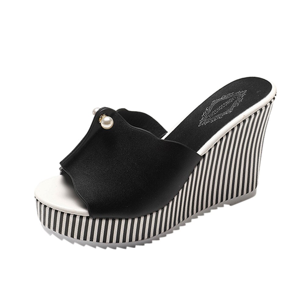 Hoge hakken Strand Slippers Zomer Wiggen Platform Streep Parel Sandalen slippers vrouwen schoenen Sandalias mujer: Black / 37