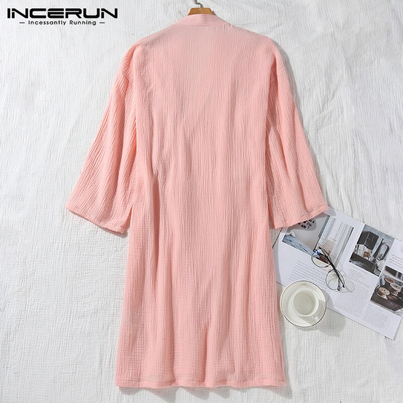 Incerun menn kapper 3/4 -ermet v-hals bomull kimono pustende uformelt japansk nattøy løs unisex pyjamas menn badekåper s -5xl